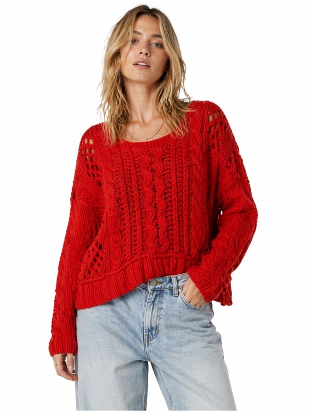 Free People Orange Cable Knit Sweater Boho Cottagecore Open Knit Sleeves XS
